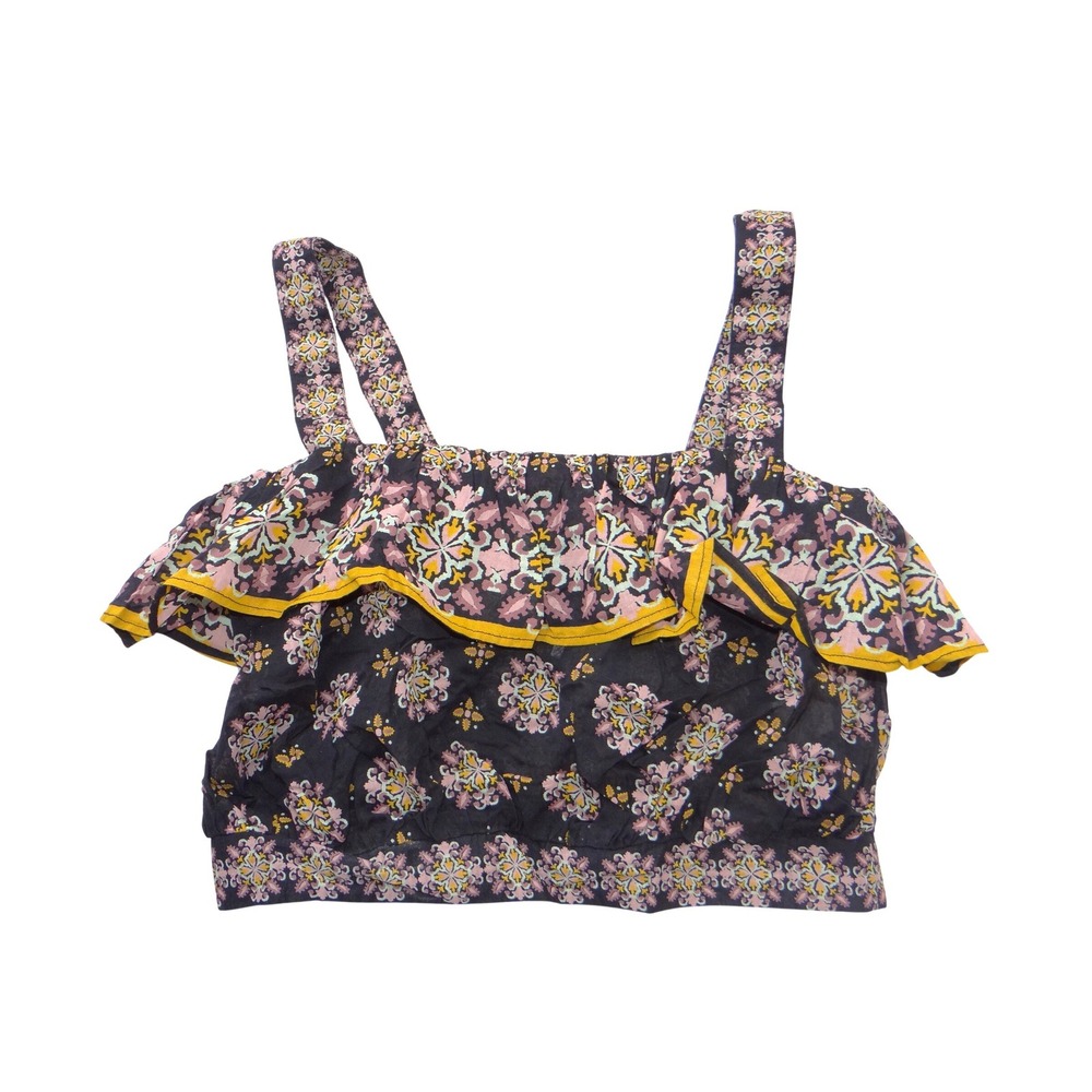 Free People Medallion Print Ruffle Crop Top Navy Pink Yellow Smocked Small